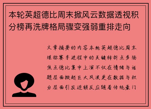 本轮英超德比周末掀风云数据透视积分榜再洗牌格局骤变强弱重排走向 本轮英超德比周末掀风云数据透视积分榜再洗牌格局骤变强弱重排走向